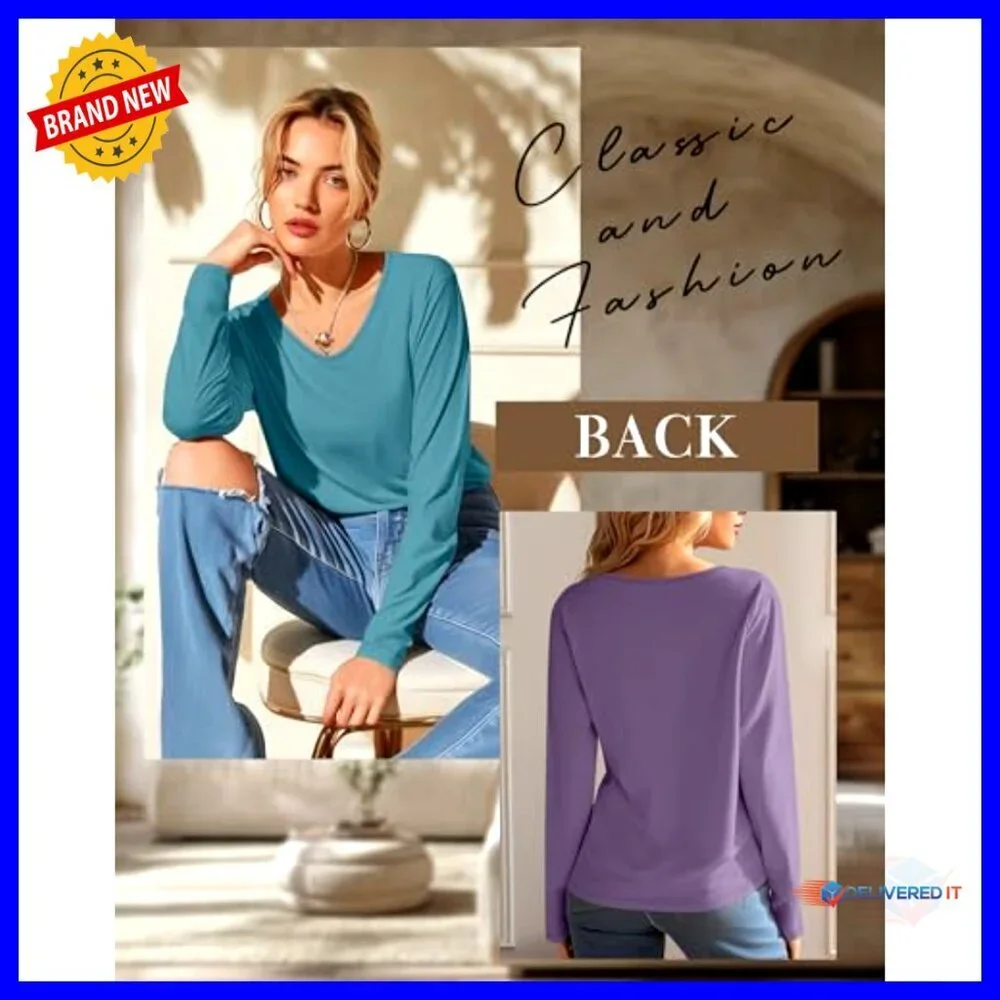 3 Pack Long Sleeve V-Neck T-Shirts, Loose Fit Casual Tops, Soft Polyester Blend - Picture 4 of 7